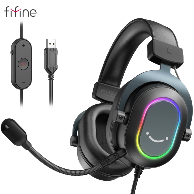 Fifine-Auscultadores Dinâmicos RGB para Jogos com Microfone Auscultadores Over-Ear Som Surround 7.1 PC PS4 PS5 3 Opçõ