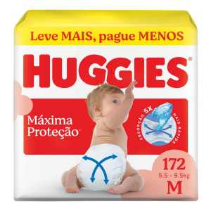 2 Pacotes Fralda Descartável Huggies Máxima Proteção M - 172 Unidades Cada