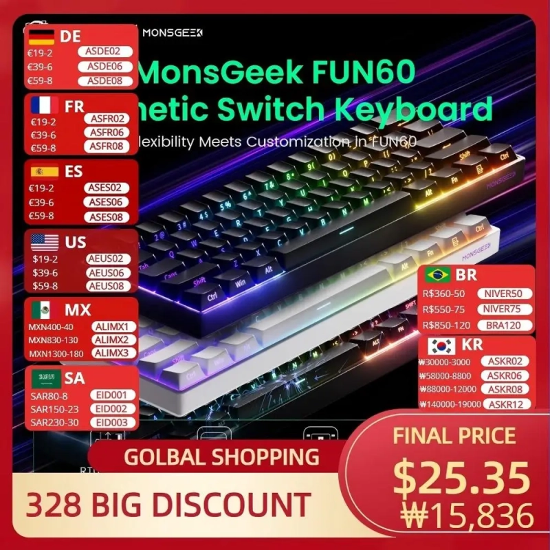 Akko MonsGeek FUN60 Teclado Mecânico Interruptor Magnético 60% Teclados para Jogos Gatilho Rápido 0.01mm 8K ARGB HE/T