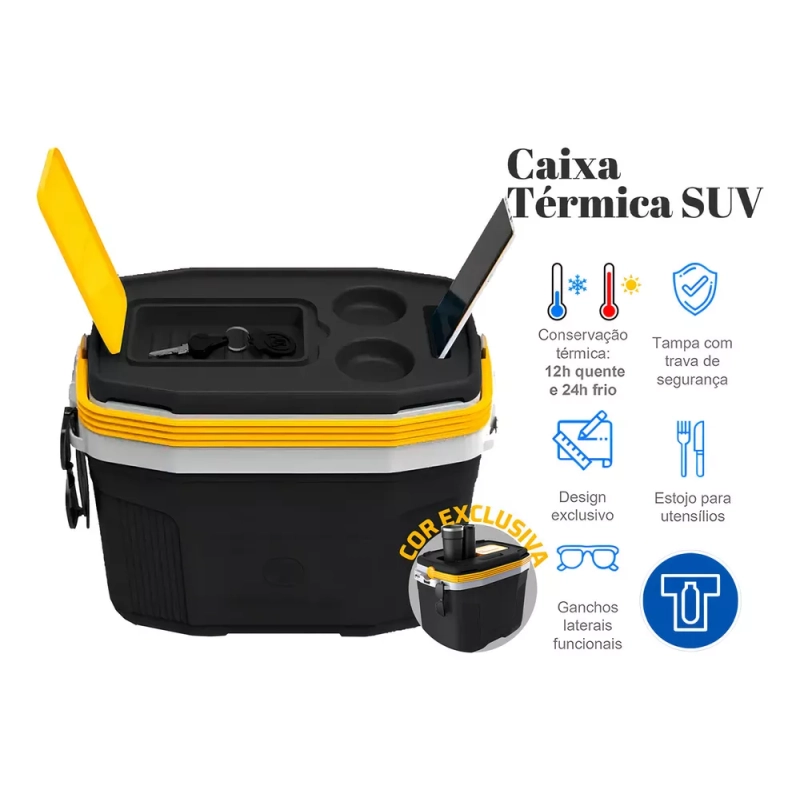 Caixa Termica Suv Cooler Com Alça 20 Litros Praia Pesca Camping Cor Preto E Amarelo Termolar