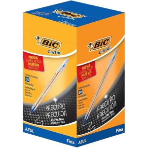 Caixa Caneta BIC Esferográfica Escrita Fina Cristal Azul - 50 Unidades