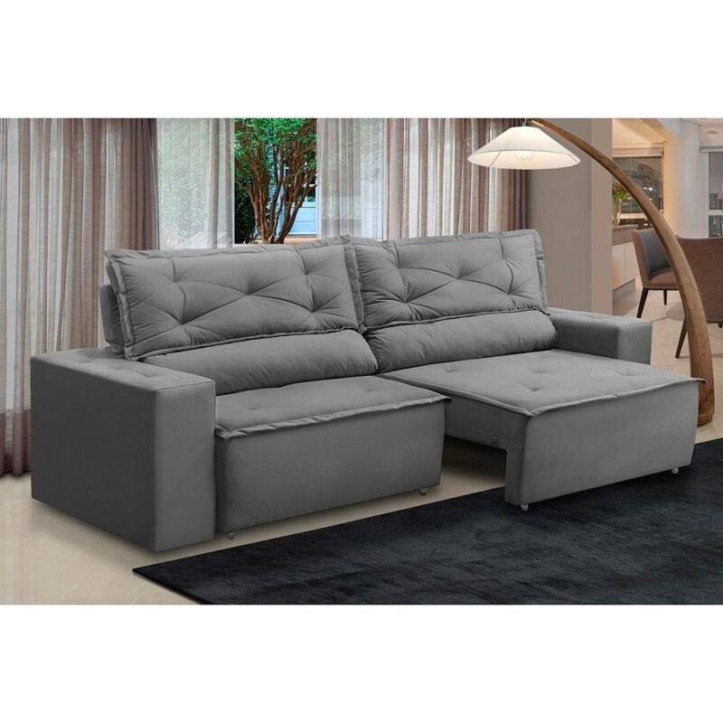 Sofá Retrátil e Reclinável 3 lugares com Molas 150m Laura Suede Cinza Madelina