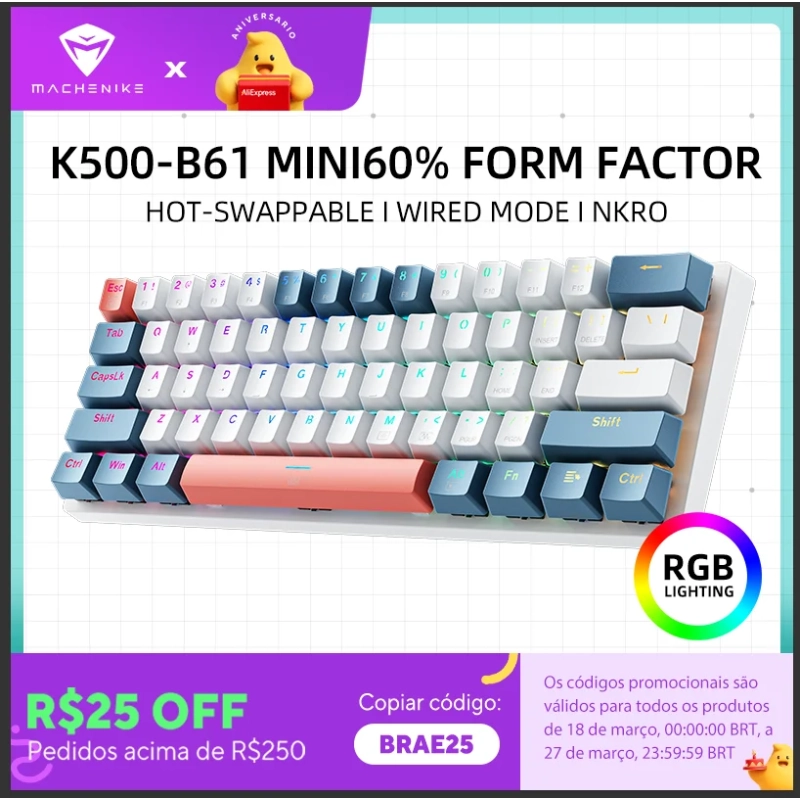 Machenike K500-B61 Mini Teclado Mecânico Formato 60% com Fio Teclas Removíveis Retroiluminação RGB 61 T