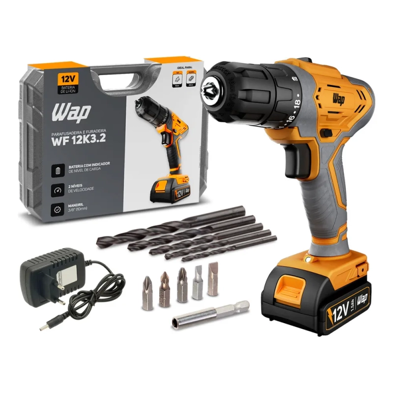Parafusadeira E Furadeira WAP A Bateria Li-ion 12v Wf 12k3.2 Carregador Bivolt Com Maleta e Kit Acessórios