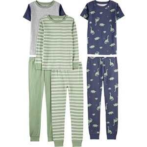 Simple Joys by Carter's Conjunto de pijama de algodão com ajuste confortável de 6 peças para meninos Listras verdes/cinza mesclado/dinossauro de lavag