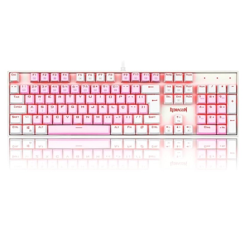 TECLADO MECANICO GAMER SINGLE COLOR REDRAGON MITRA ROSA E BRANCO COM SWITCH AZUL