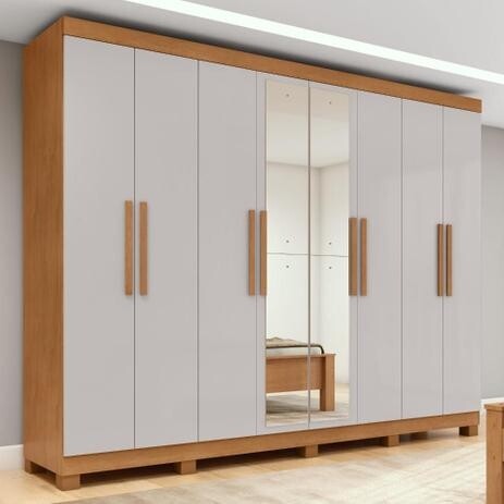 Guarda-roupa Casal Easy Slim 8 Portas Com Espelho e Pés Amendoa Clean/Off White
