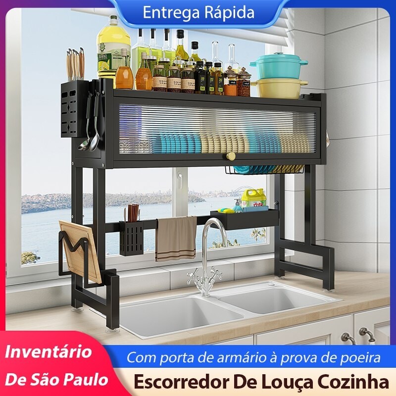 Escorredor De Louça Cozinha Suspensa Modula Autosustentavel Pia Rack Organizador De Pratos Estante De Asfalto Cor Preto