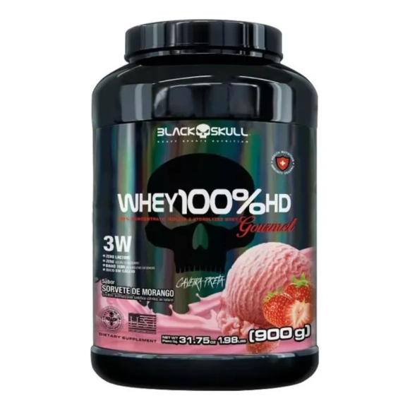 Suplemento Whey 100% Hd Gourmet 900g Pote Black Skull Sabor Sorvete De Morango
