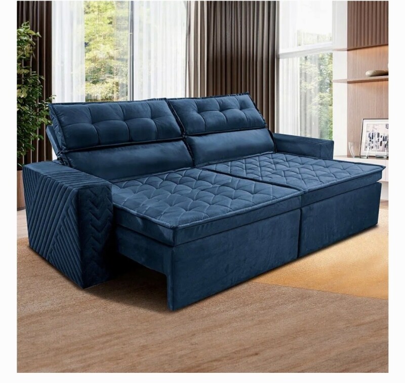 Sofá 3 Lugares Cama inBox Belém Retrátil e Reclinável Revestido em Suede Velusoft - 200cm de Largura - Azul