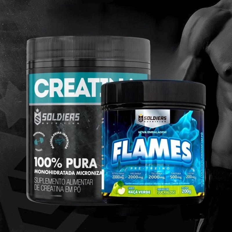 Kit: Creatina Monohidratada Pote 300g 100% Pura + Pré-Treino Flames 200g - Soldiers Nutrition