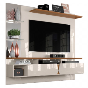Painel para TV com Bancada Suspensa 55 Pol Intense Off White/Damasco - Lukaliam Móveis