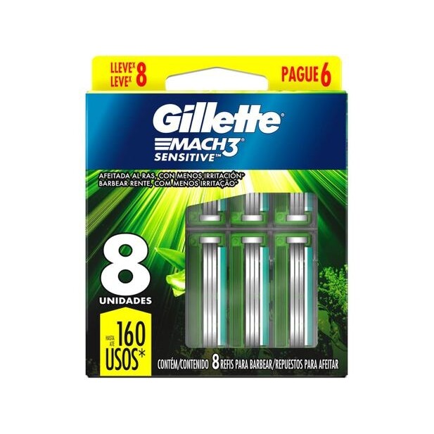 Carga para Aparelho de Barbear para Pele Sensível Gillette Mach3 Sensitive 8 Unidades