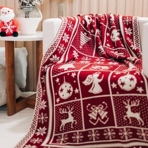 Manta Natal Tricot Decorativa Dupla Face Natalina 155x95cm (VERMELHO/BEGE)