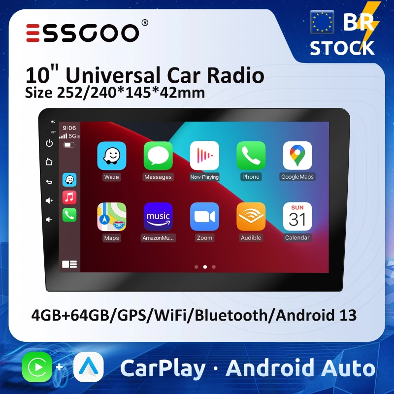 Multimidia Essgoo 10'' 4GB 64GB Android 13 Wifi GPS Carplay e Android Auto