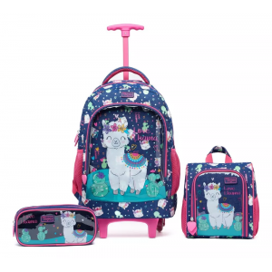 Mochila Rodinhas Lancheira Estojo Escolar Infantil Cor Azul Desenho Do Tecido Liso