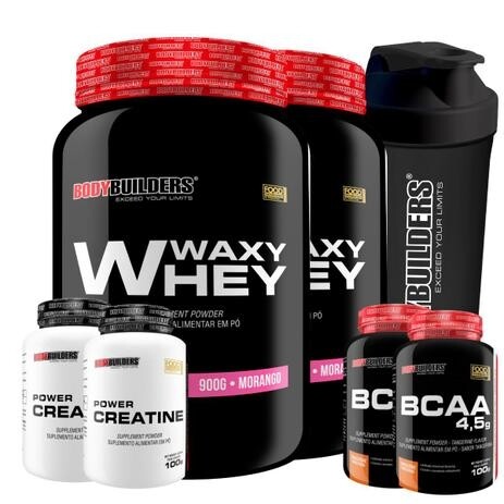 Kit 2x Whey Protein Waxy Whey Pote 900g + 2x BCAA 100g Tangerina + 2x Power Creatina 100g + Coqueteleira 600ml- Bodybuil