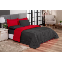 Edredom Casal Kit 6 Peças + Jogo De Lençol Queen Padrão Cor Preto E Vermelho Desenho Do Tecido Liso