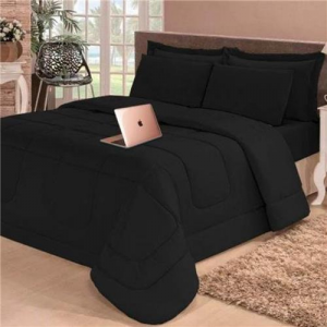 Kit 6 Peças Edredom Dupla Face Casal Queen com Lençol Preto Cotex