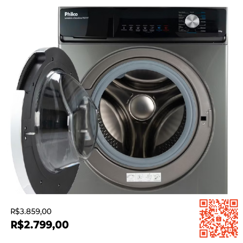 Lava e Seca Philco 16 Programas Eco Inverter 10 kg Inox PLS11T
