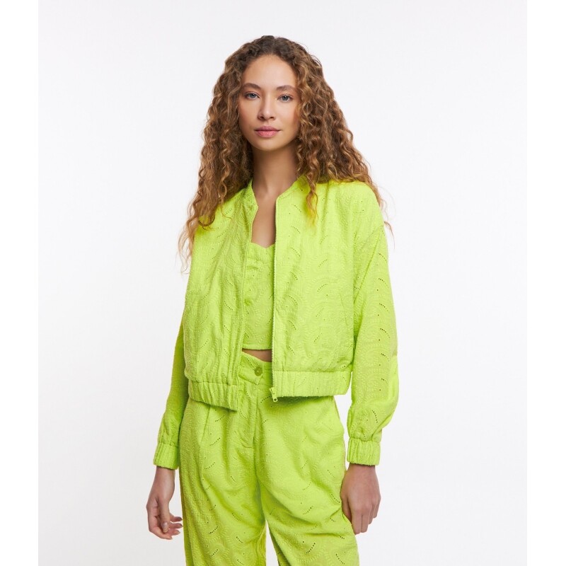 Jaqueta Bomber em Laise com Textura Paisley Tam PP