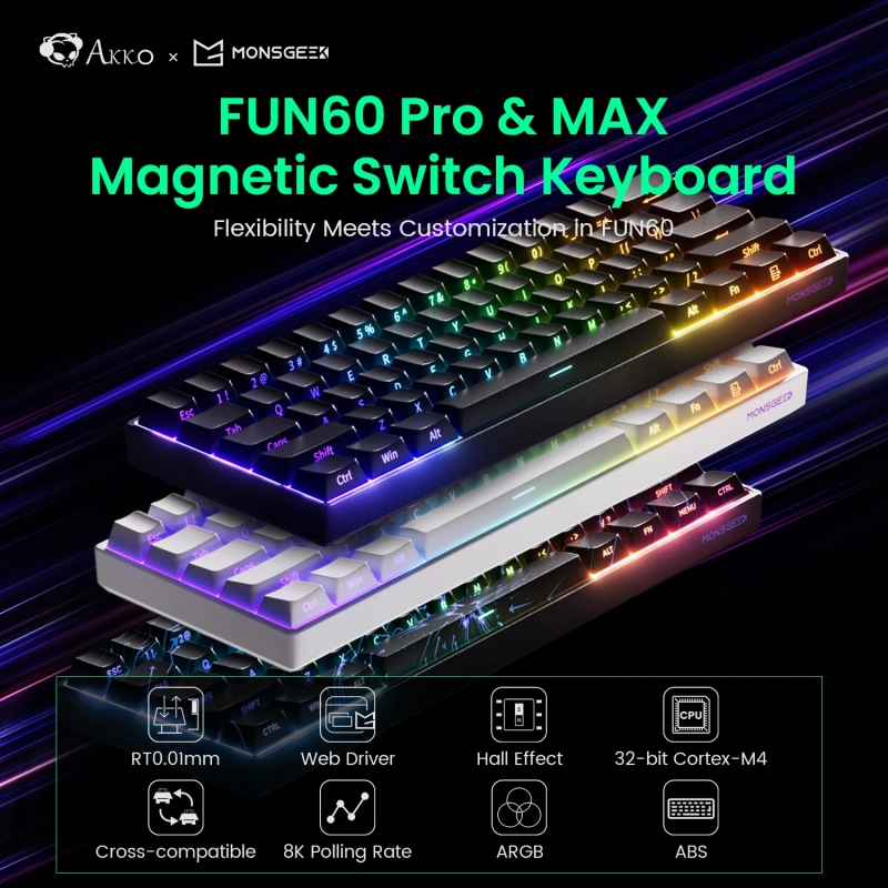 Akko MonsGeek FUN60 Teclado Mecânico Interruptor Magnético 60% Teclados para Jogos Gatilho Rápido 0.01mm 8K ARGB HE/T