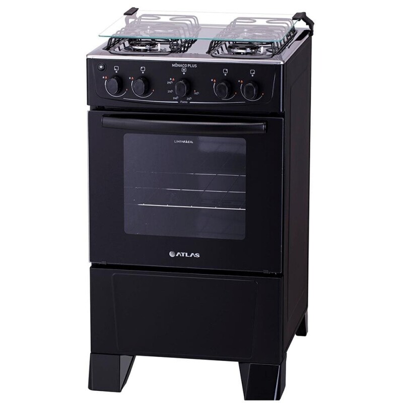 Fogão Atlas 4 Bocas Mônaco Plus com Mesa de Inox e Acendimento Automático Bivolt Preto