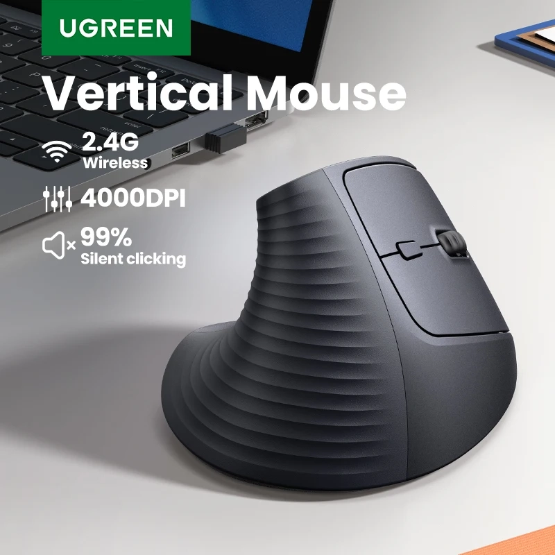 UGREEN Mouse Sem Fio Vertical 2.4G Ergonômico 4000DPI 6 Botões