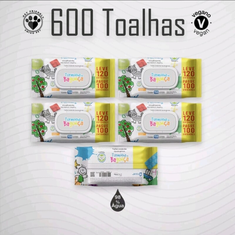 Kit com 05 pacotes de Toalhas Umedecidas TURMINHA DA BAGUNÇA 120 Unidades 19X13 CM Com Tampa