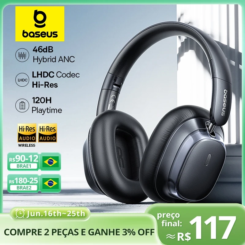 Baseus bowie h1s fones de ouvido sem fio bluetooth 5.4 cancelamento de ruído 46db sobre a orelha fone de ouvido de áud