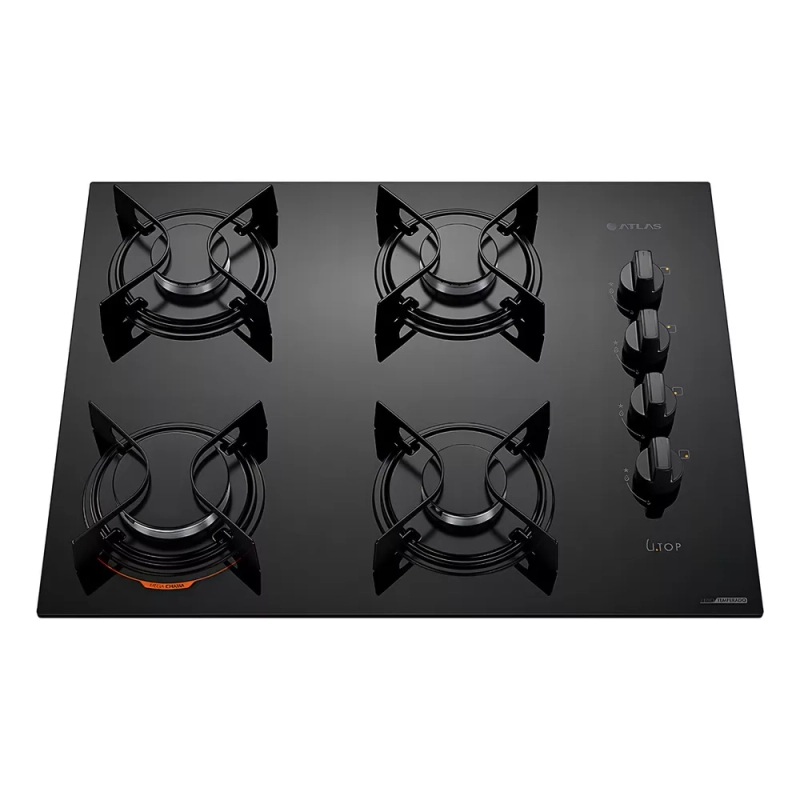Cooktop 4 Bocas Atlas Preto Com Mesa De Vidro U Top Bivolt 110V/220V