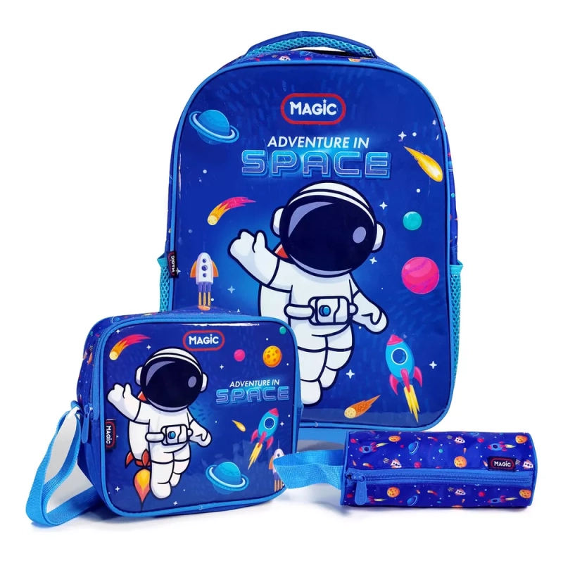 Kit De Mochila Escolar Magic Kids Mochila De Rodinhas Com Estojo E Lancheira Espaço Com Design Astronauta Multicolorido