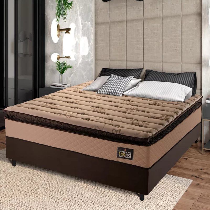 Cama Box Casal Colchão Espuma D33 Pillow Top Van Gogh 138x188x67cm Marrom Hellen - Suporta até 120kg por Pessoa