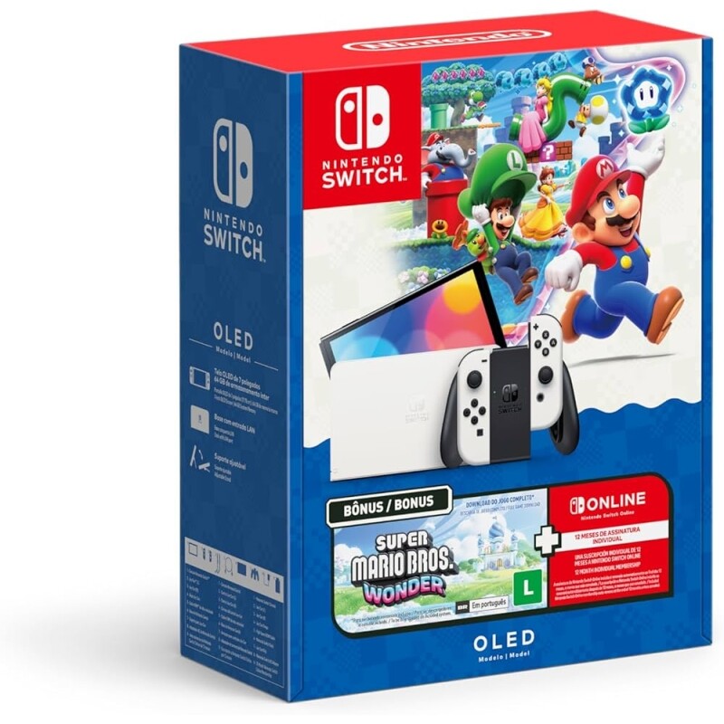 Nintendo Console Switch Oled + Super Mario Bros Wonder + 12 Meses Assinatura Nintendo Switch Online