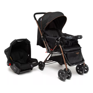 Conjunto Travel System Reverse DUO Preto Bronze, Carrinho de Bebê + Bebe Conforto Cosco Kids