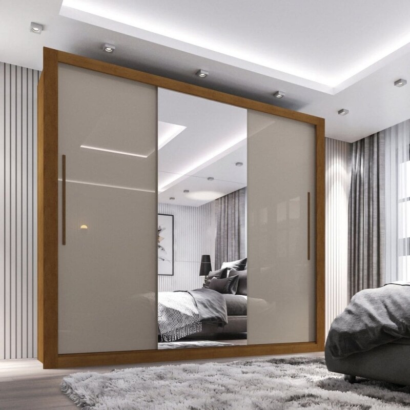 Guarda Roupa Casal 3 Portas com Espelho 4 Gavetas Costa Rica Sallêto Móveis Cinamomo/Off - Marrom