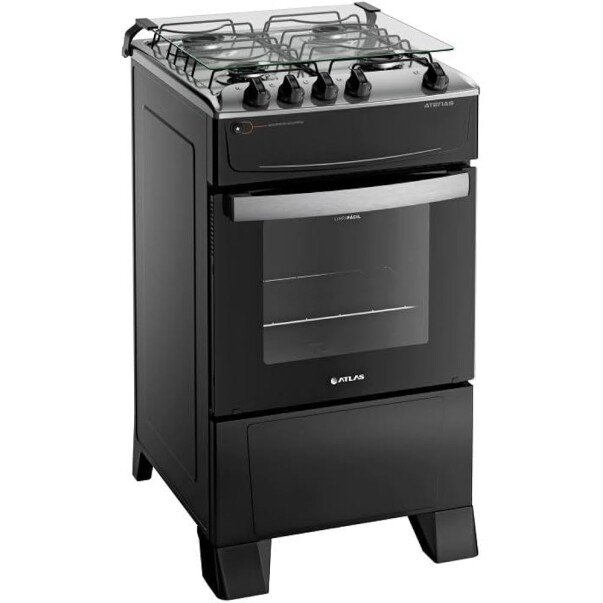 Fogão 4 Bocas Preto com Mesa Inox Atlas Atenas Bivolt