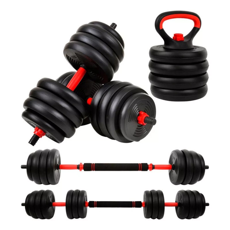 Kit Halteres 6 Em 1 Peso Musculação Até 40kg Ajustável Halter Kettlebell Anilha Cor Preto-Vermelho