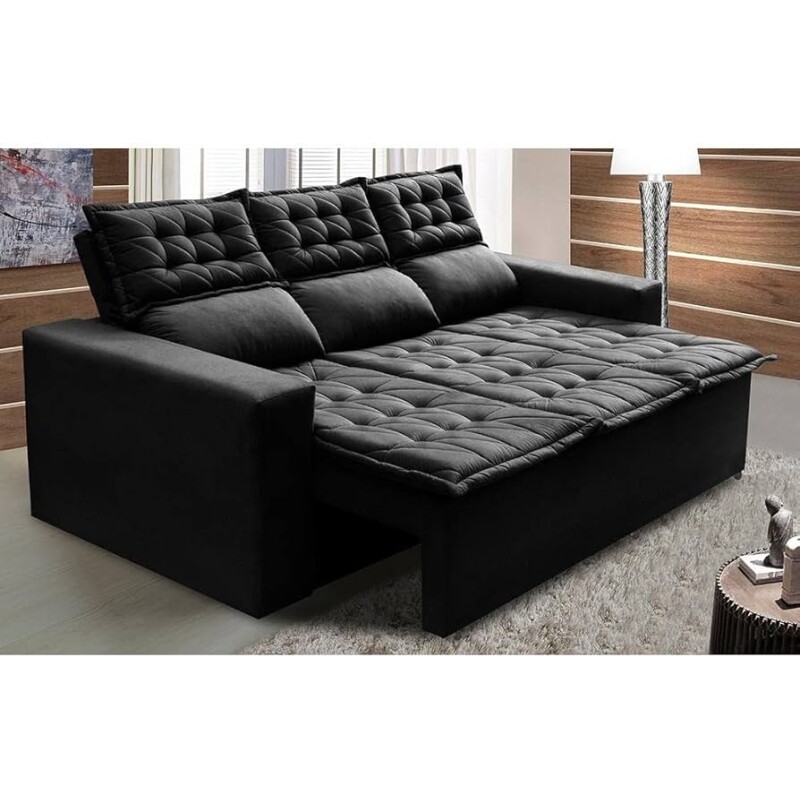 Sofá 3 Lugares Retrátil e Reclinável Cama Inbox Slim 200m Velusoft Preto