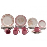 Aparelho de Jantar Chá 30 Peças Biona Cerâmica - Redondo Rosa Donna AE30-5160